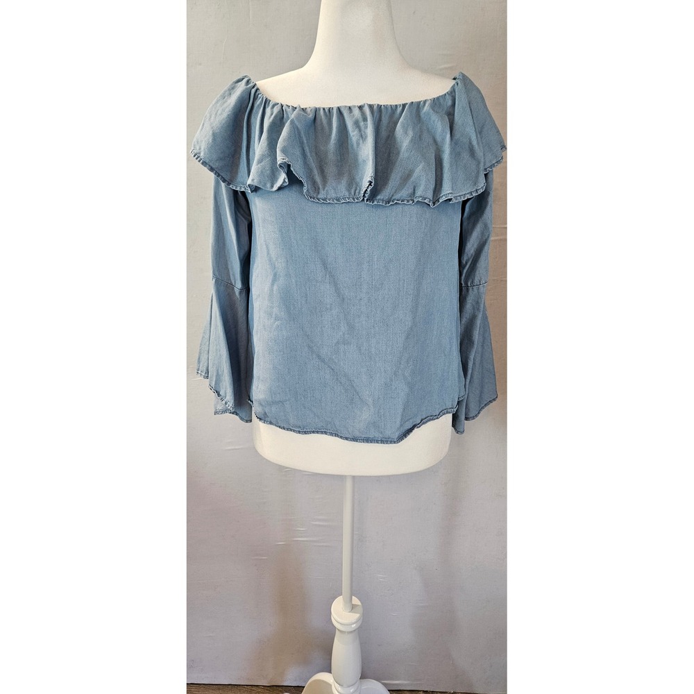 DO+BE Womens Light Blue Chambray Off Shoulder Ruffle Bell Sleeve Top Medium